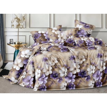 Pościel 160x200 bawełna satynowa biało fioletowe kwiaty PK727 z PRZEŚCIERADŁEM